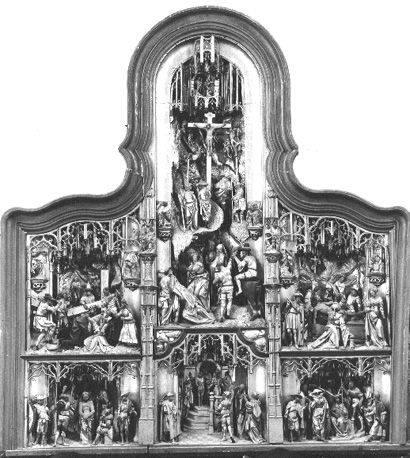Passieretabel: Pilatus toont Christus aan het volk ('Ecce Homo'), geseling van Christus, doornenkroning, Kruisdraging en ontmoeting met Veronica, Golgotha-scène, graflegging