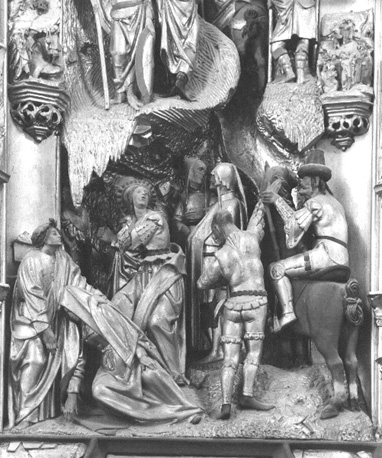 Passieretabel, detail (beneden): Golgotha-scène: Maria, Magdalena, Johannes en enkele soldaten