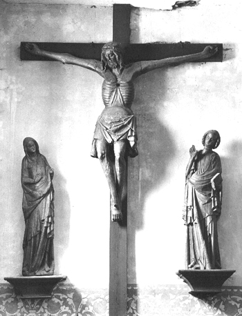 Christus aan het kruis met Maria en Johannes aan weerszijden van het kruis