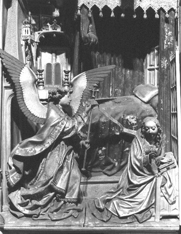 Retabel van Saluces (of: Saluzzo), detail: Annunciatie, Maria wordt bezocht door de engel