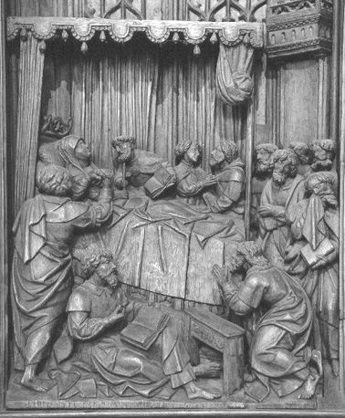 Retabel met scènes uit het leven van Maria, detail: Maria op haar sterfbed