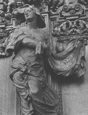 Koorgestoelte, detail: heilige Veronica met zweetdoek met beeltenis van Christus