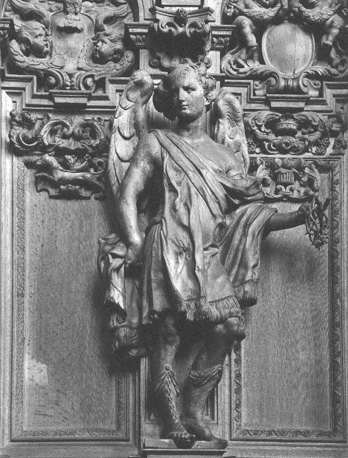 Koorgestoelte, detail: Engel met doornenkroon