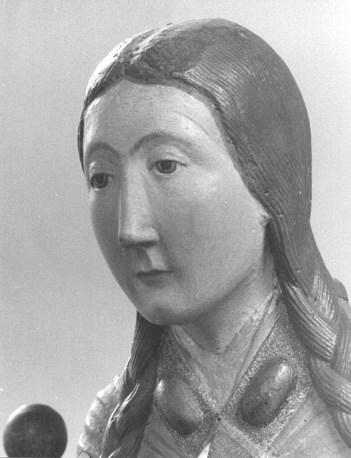 Tronende Moeder Gods met Christuskind (Sedes Sapientiae), detail: hoofd van Maria