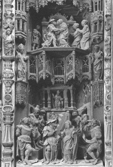 Sint-Anna retabel, rechter deel (boven): ontmoeting van Anna en Joachim bij de Gouden Poort; (beneden) presentatie van Maria in de tempel