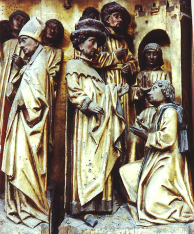 Sint-Leonardus retabel, linker deel, detail: Leonardus smeekt de koning om vrijlating van een gevangene