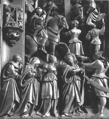 Passieretabel, detail: getuigen aan de voet van het kruis, waaronder Maria, Maria Magdalena en Johannes de Evangelist