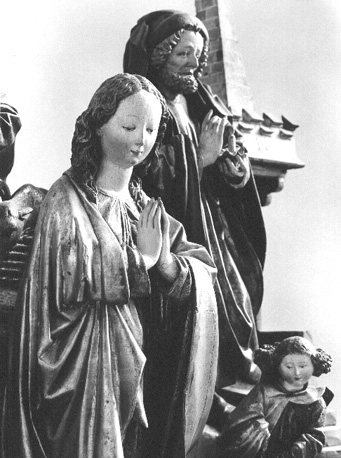 Geboorte van Christus met engelen en herders, detail: Maria, Jozef en engel