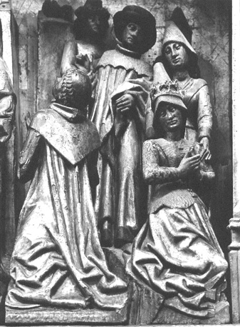 Sint Leonardus retabel met scènes uit het leven van sint Leonardus, detail: Leonardus bidt, koningin Wisigardis baart een zoon
