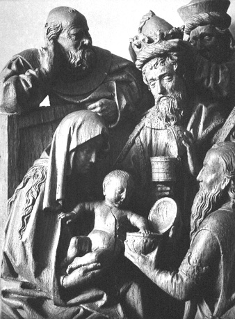 Aanbidding der koningen, detail: Jozef achter Maria, Christuskind, twee koningen en een dienaar