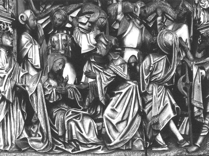 Passieretabel, (onder de gekruisigde Christus) detail: Maria bezwijmt, met Johannes, Maria Magadalena en anderen