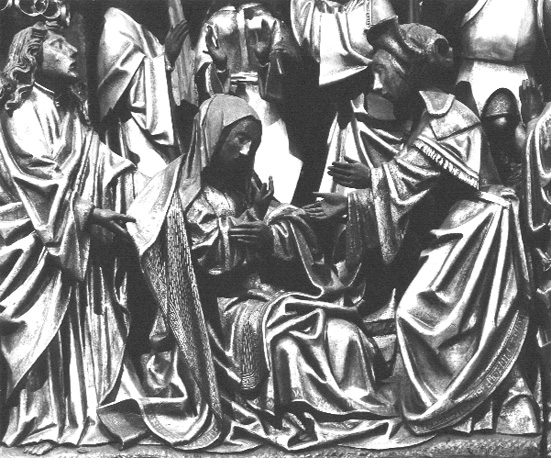 Passieretabel, (onder de gekruisigde Christus) detail: Maria bezwijmt, met Johannes en Maria Magadalena