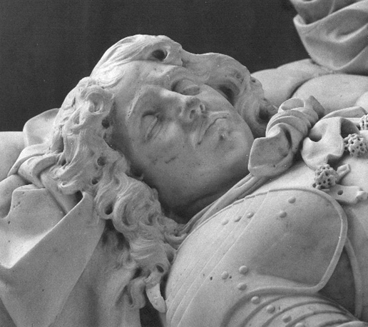 Noorder zijkoor: praalgraf van Willem van Lyere en zijn vrouw Maria van Reygers-berg, detail: hoofd van Willem van Lyere