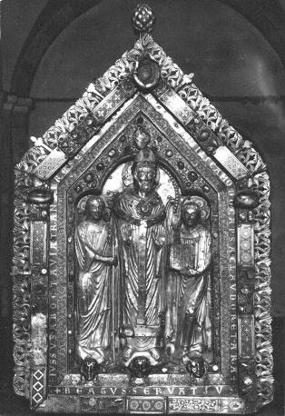 Zuidtransept, kapel: reliekschrijn van sint Servaas ("Noodkist"), korte zijde: sint Servaas tussen twee engelen