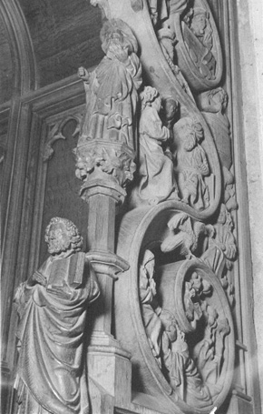 Koor, koorgestoelte, detail: bovenste figuur: Jakobus Maior