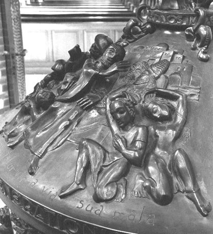Doopvont (deksel), detail: Jona in Ninive