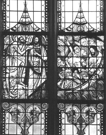 Zuidelijke zijbeuk, glas-in-loodraam: Bekoring van Christus; Storm op het Meer van Galilea