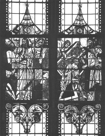 Noordelijke zijbeuk, glas-in-loodraam: Transfiguratie (Mozes en Elia verschijnen aan weerszijden van Christus op de Berg Tabor); de geschiedenis van Lazarus