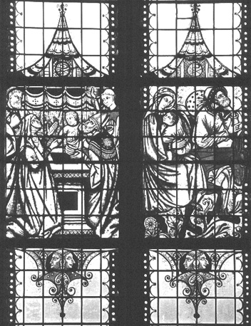 Zuidelijke zijbeuk, glas-in-loodraam: Opdracht van Christuskind in de tempel; vlucht naar Egypte