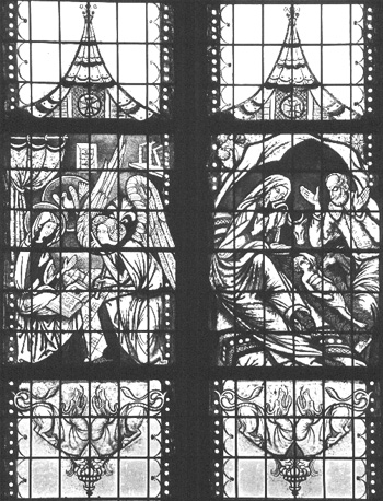 Zuidelijke zijbeuk, glas-in-loodraam: Annunciatie; geboorte van Christus