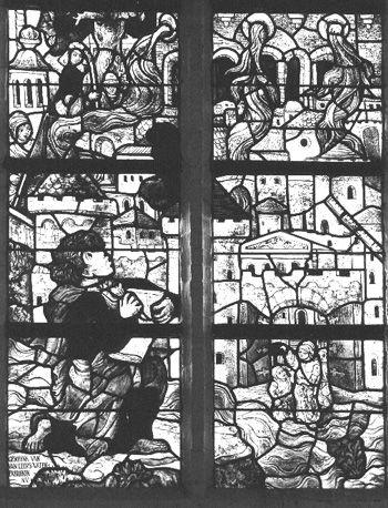 Noordtransept, gebrandschilderd raam: Apocalyps, Nieuw Jeruzalem, detail: Johannes