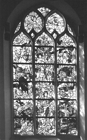 Zuidtransept, gebrandschilderd raam: Schepping