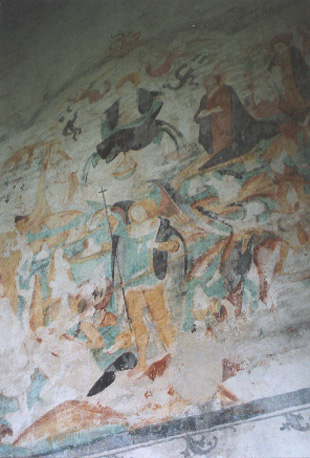 Noordelijke torenwand en traptoren, muurschilderingen: Laatste Oordeel, detail: Christus op regenboog, Maria en Johannes de Doper, aartsengel Michaël zielenwegend