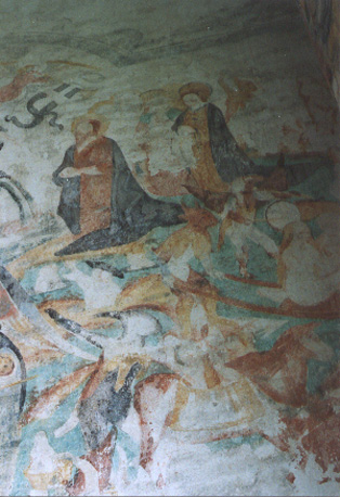 Noordelijke torenwand en traptoren, muurschilderingen: Laatste Oordeel, detail: Johannes de Doper, de vervloekten worden weggevoerd door duivels