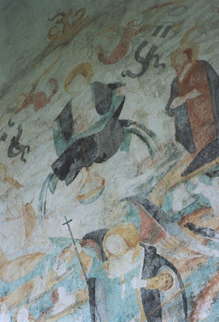 Noordelijke torenwand en traptoren, muurschilderingen: Laatste Oordeel, detail: Christus op regenboog, Maria en Johannes de Doper, aartsengel Michaël zielenwegend