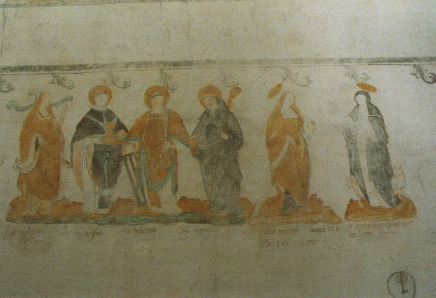 Zuidelijke torenwand, muurschilderingen: zes heiligen: Apollonia, Werenfridus, Laurens, Engelmundus, Rosiaen en Brigida