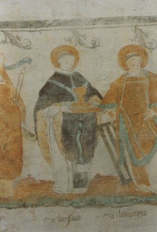 Zuidelijke torenwand, muurschilderingen: zes heiligen, detail: Werenfridus, Laurens
