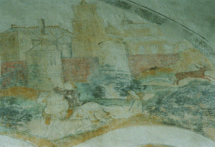 Zuidelijke torenwand, muurschilderingen: Legende van de drie Doden en de drie Levenden, linker bovenste deel: detail