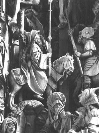 Passieretabel: Christus aan het kruis, detail: twee ruiters, Maria, Maria Magdalena en nog een vrouw aan de voet van het kruis
