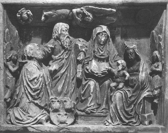 Zuidtransept, epitaaf: Anna, Maria en Christuskind ('Anna-te -drieën'); links: knielende schenker (Herman Pot?) gepresenteerd door Andreas