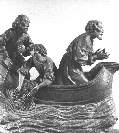 Fragment van een altaarretabel: Wonderbare visvangst, met Jakobus, Johannes en Petrus (oorspronkelijke figuur van Christus ontbreekt)