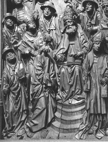 Retabel met scènes uit het leven van sint Petrus, middendeel (detail): tronende Petrus als eerste paus, aan zijn rechterhand: Christus die Petrus waarschijnlijk de sleutels gaf