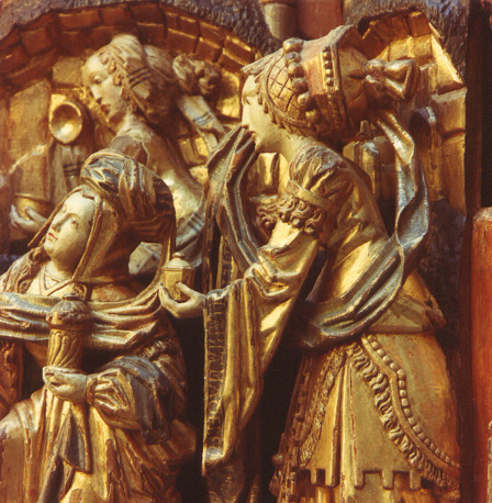 Retabel met bewening van dode Christus, detail: drie heilige vrouwen met zalfpotten