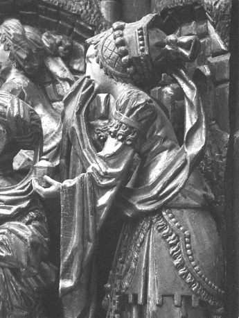 Retabel met bewening van dode Christus, detail: heilige vrouw met zalfpot
