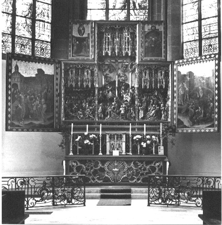 Retabel: Passie van Christus, inleiding, kruisiging, kruisafneming