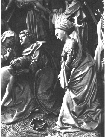 Retabel, middenstuk, rechter scene, detail: bewening van de dode Christus