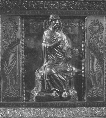 Reliekschrijn van Sint Heribertus van Keulen, detail: (l) staande profeet Sefanja, tronende apostel Thomas, (r) staande profeet Hosea