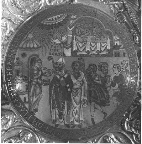 Reliekschrijn van Sint Heribertus van Keulen, detail, dak, scènes uit het leven van Heribertus: Heribertus smeekt regen af