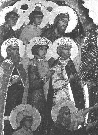 Annunciatie-kathedraal, iconostase, detail: (van beneden) Eva en Adam, drie koningen, knapen uit Babylon en Johannes de Doper (bevrijd door Christus)