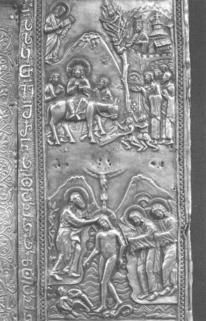 Icoon: Maria met Christuskind in haar armen, "Maria Eleusa" ; detail: doop van Christus in de rivier de Jordaan, intocht van Christus in Jeruzalem
