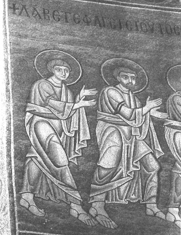 Hoofd-apsis; Eucharistie, Christus deelt het brood uit aan de apostelen, detail: twee apostelen