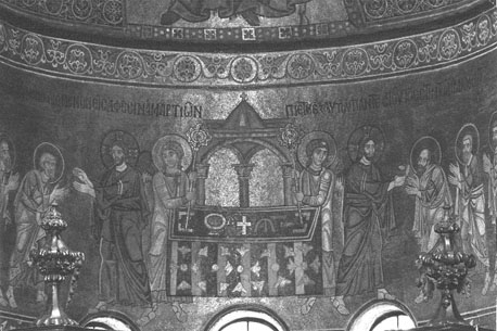 Hoofd-absis; Eucharistie, Christus deelt het brood uit aan de apostelen (links) en Christus deelt het wijn uit aan de apostelen (rechts)