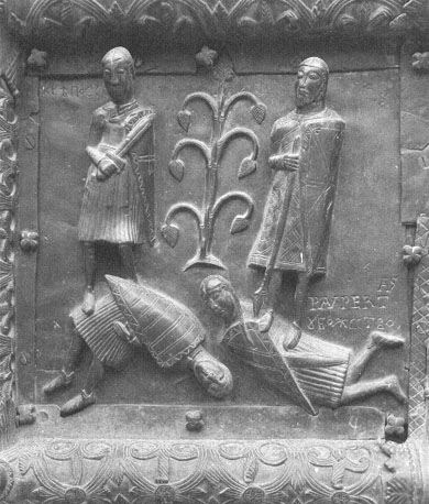Westfacade, bronzen deuren met reliëfs, detail: twee ridders staand op twee andere (dode) mannen (Overwinning van de deugden op de ondeugden)