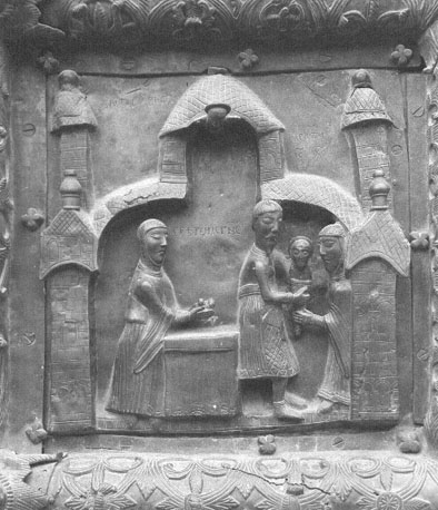 Westfacade, bronzen deuren met reliëfs, detail: Presentatie van Christuskind in de tempel