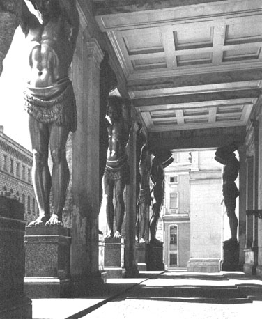 Zuidfacade van de nieuwe Hermitage, ingangsportiek met atlas-figuren