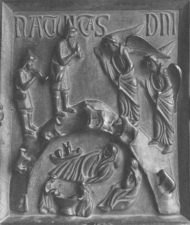 Deuren van St Ranieri met 24 panelen met scènes uit het Leven van Christus, detail: Geboorte van Christus en Annunciatie aan de Herders